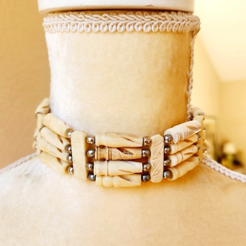 Handmade Buffalo Bone Carved Hairpipe Beaded Tribal Boho Choker Necklace